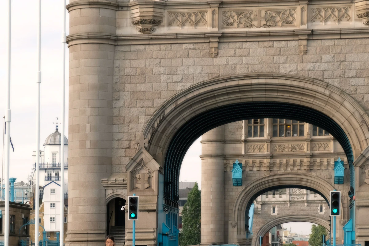 A wedding photographer photographing a bride and groom on Tower Bridge