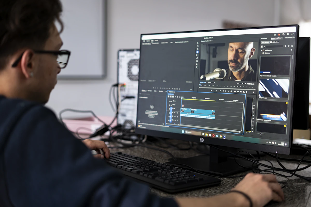 A video editor working at a professional editing workstation